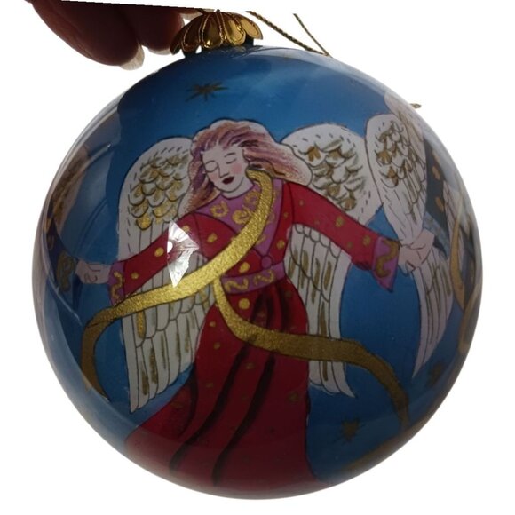 Li BIEN Hand-Painted Glass Ornament Angels Design & Red Velvet Gift Box 4x4 - Picture 8 of 11